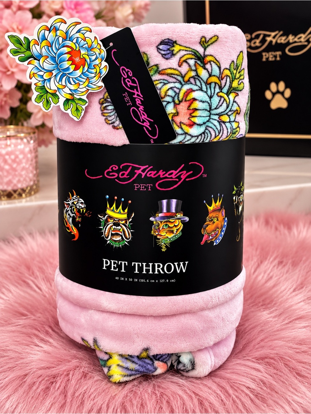 Ed Hardy Pet Throw Blanket Pink Tattoo Floral Plush Dog Cat 40” x 50”